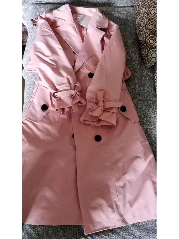 NoEnName_Null Women's Preppy Style Double-Breasted Trench Coat with Ruched and Spliced Details