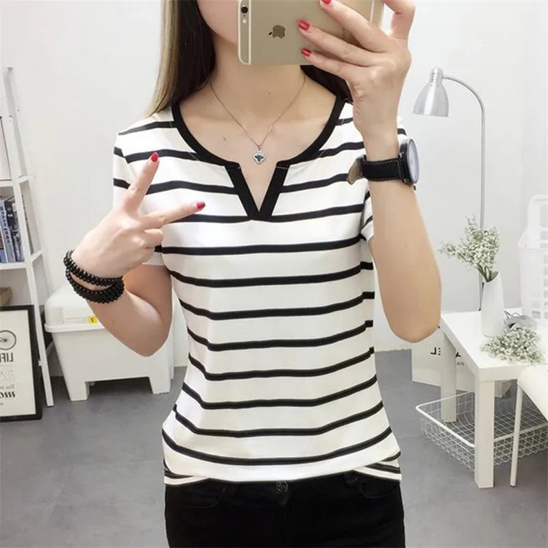 Casual Slim Fit Solid Color V-Neck Tee for Women – All Season Polyester Spandex Top