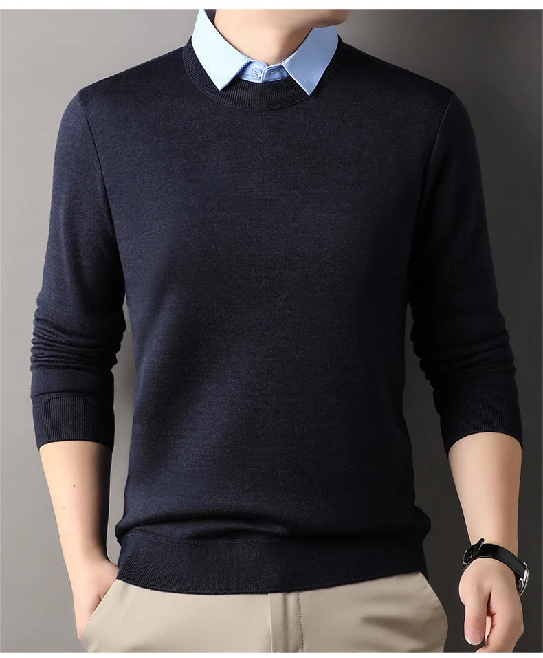 NoEnName_Null Men's Casual Pullover – Wool & Lycra Blend with Turn-Down Collar