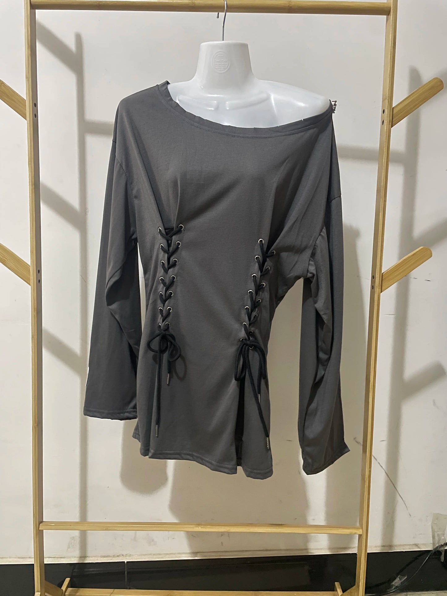 NoEnName_Null Y2K Style A-Line Mini Dress with Diagonal Collar and Bandage Detail - Autumn/Winter Fashion for Women