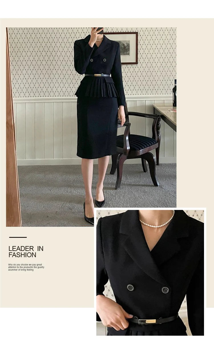Autumn Spring Office Ladies Two Piece Set Double-Breasted White Ruffles Belt Blazer Tops + Split Pencil Skirt Suit