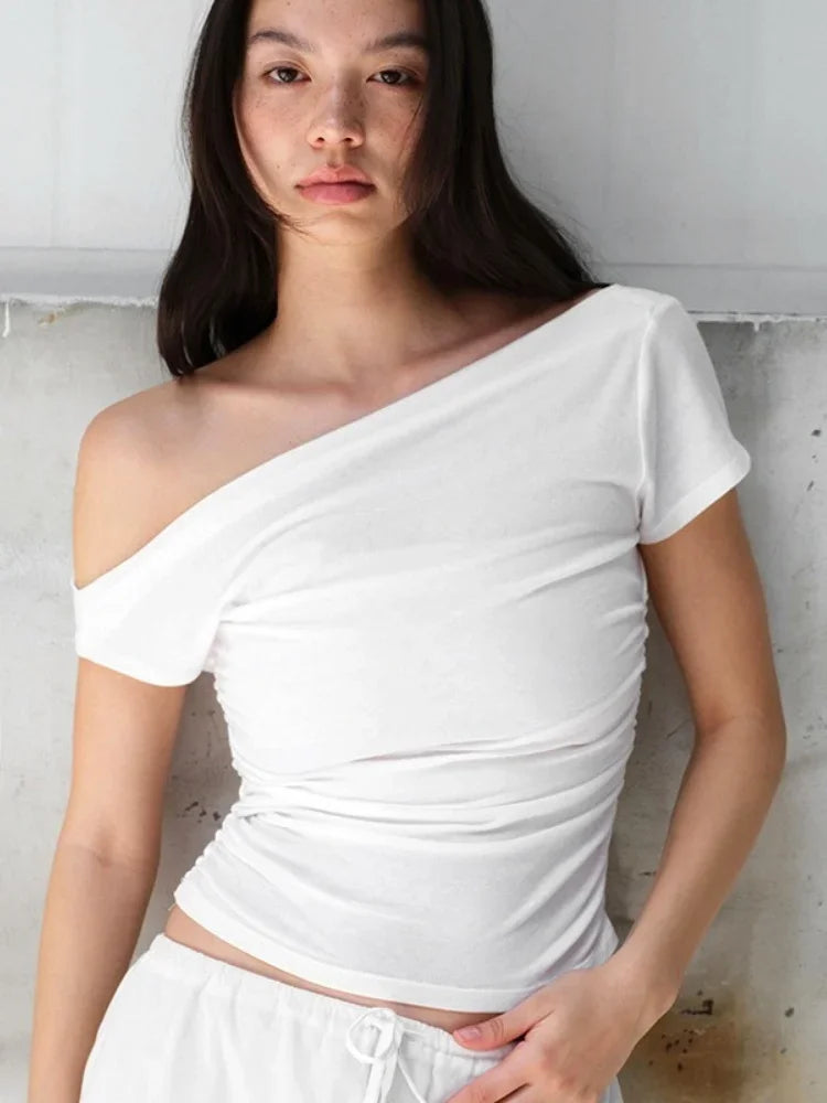 Vamos Todos Y2K Asymmetrical Skew Collar Slim Fit Tee for Women – Streetwear Summer Top