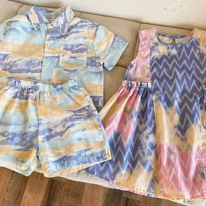 MILANCEL Unisex Summer Patchwork Clothing Set for Kids (Ages 4–6Y) – Cotton Shirt and Shorts Vacation Outfit