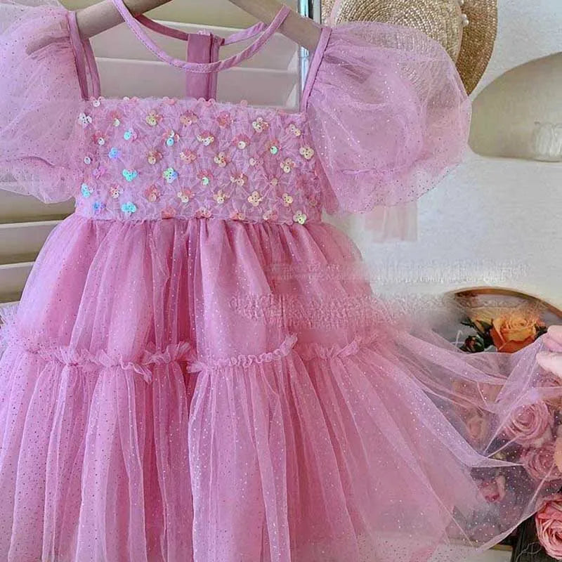 Cute A-Line Sequined Summer Dress for Girls – Solid Color | Ages 4–6Y