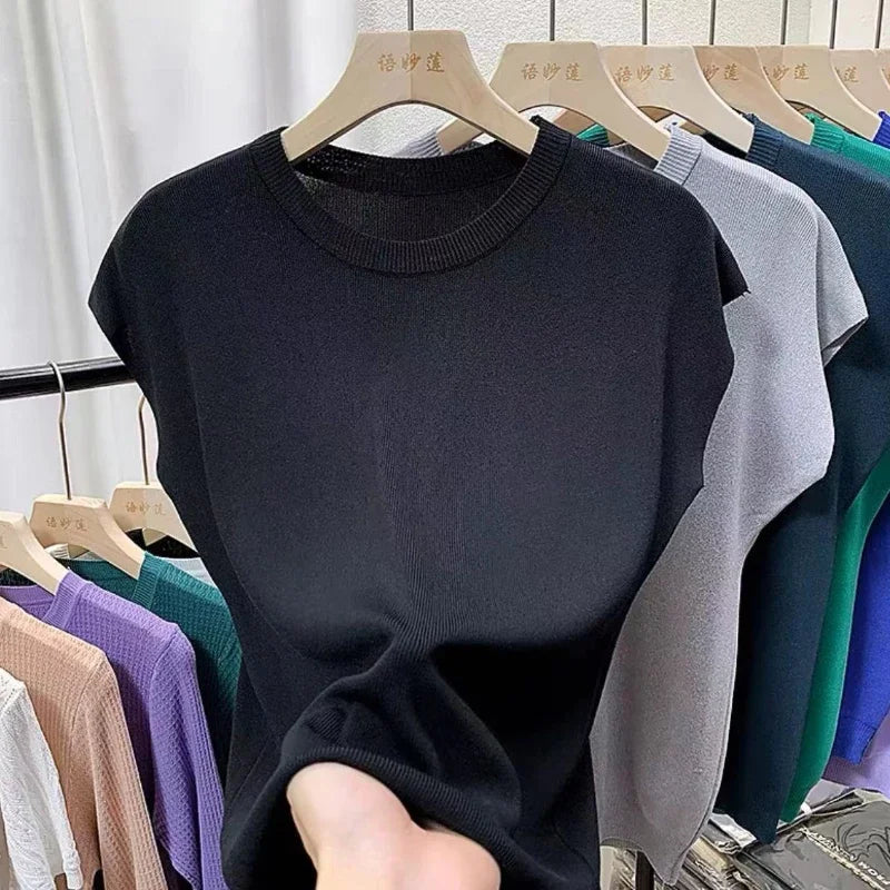 Women's T-Shirts 2024 Summer Ice Silk Knitted Tees Casual Solid Tops Purple Blue Fashion O Neck Short Sleeved Blouse for Women