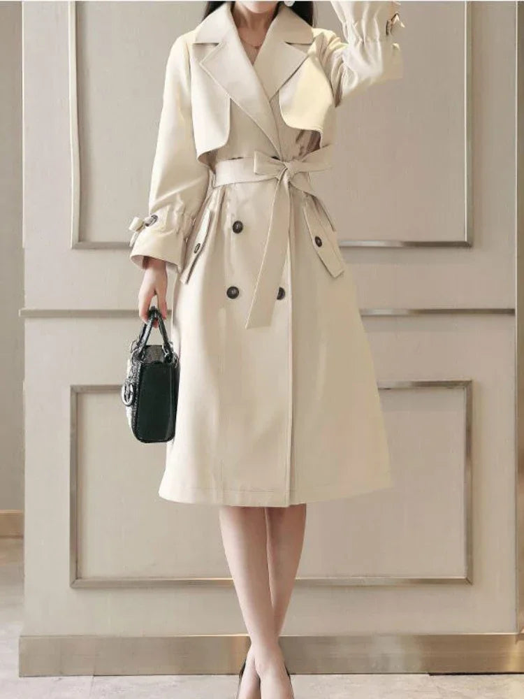 NoEnName_Null Women's Preppy Style Double-Breasted Trench Coat with Ruched and Spliced Details