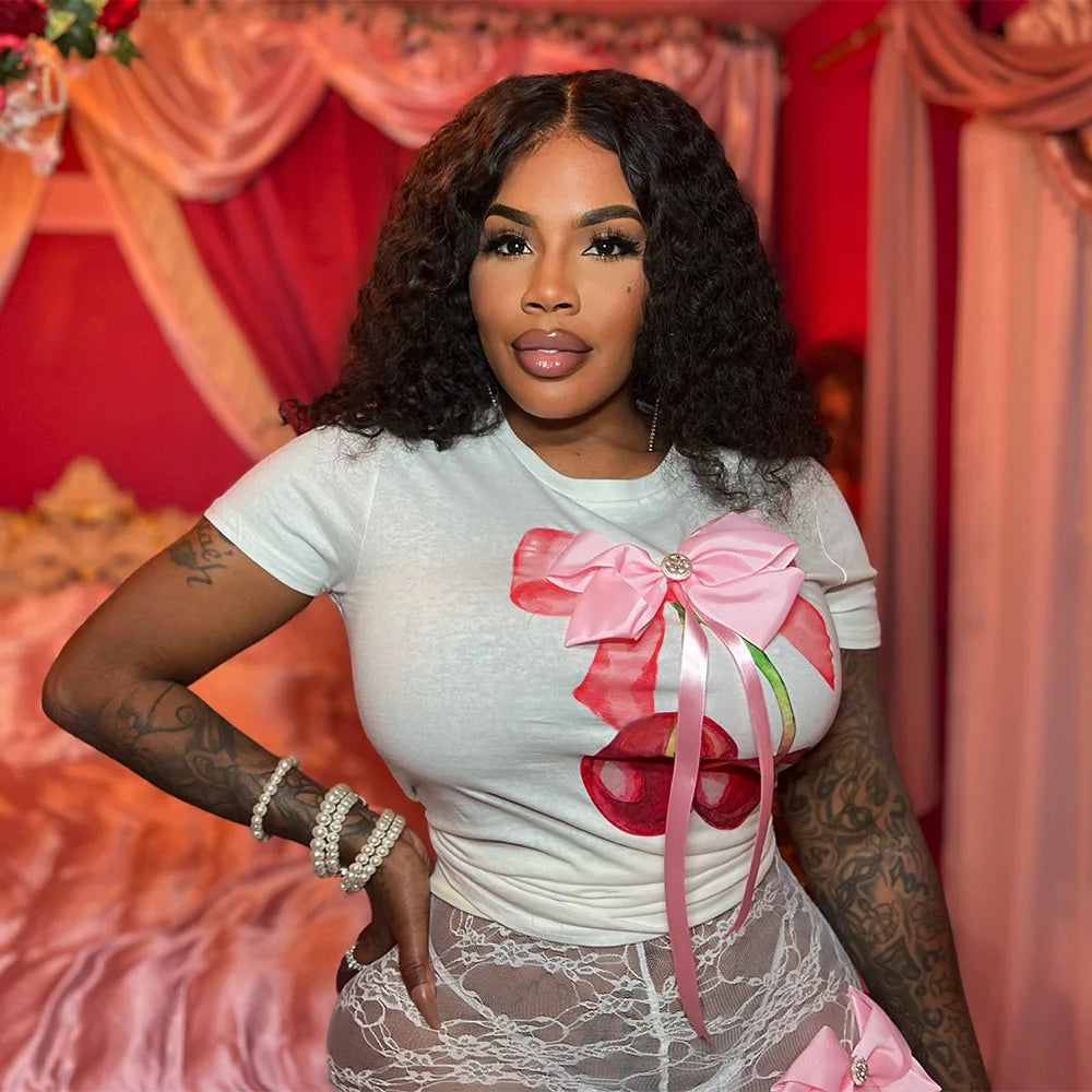 SELERIT Y2K Floral Bow-Detail O-Neck Tee for Women Fairy Tale Inspired Spring/Summer Top (Slight Stretch)