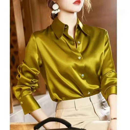 SUYISODA Women's Casual Satin Shirt - Office Lady Style with Button Decoration & Turn-down Collar