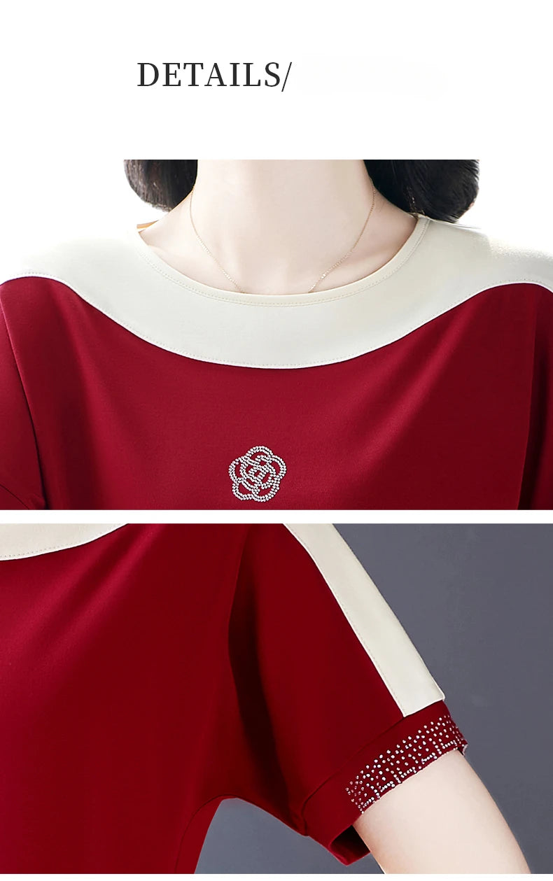 Moeroshe Women's Casual Patchwork O-Neck Tee - Cotton, Classic Style, Summer 2024 Release