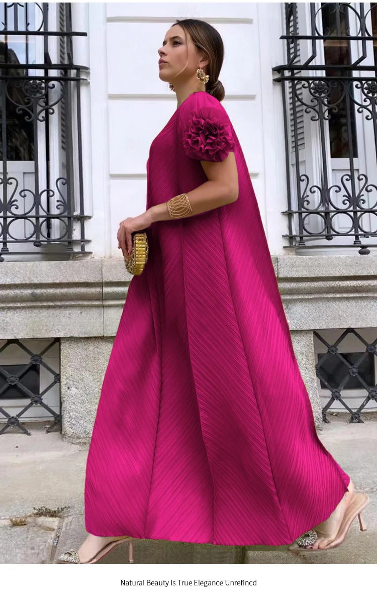 NoEnName_Null Women’s Asymmetrical Neckline A-Line Pleated Long Skirt Dress – Casual Retro Style, Mid-Calf Length