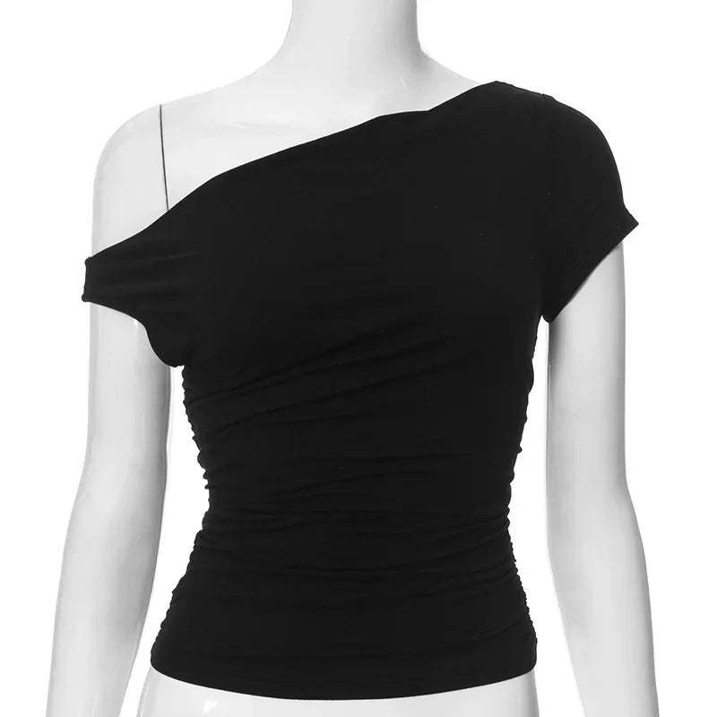 Vamos Todos Y2K Asymmetrical Skew Collar Slim Fit Tee for Women – Streetwear Summer Top