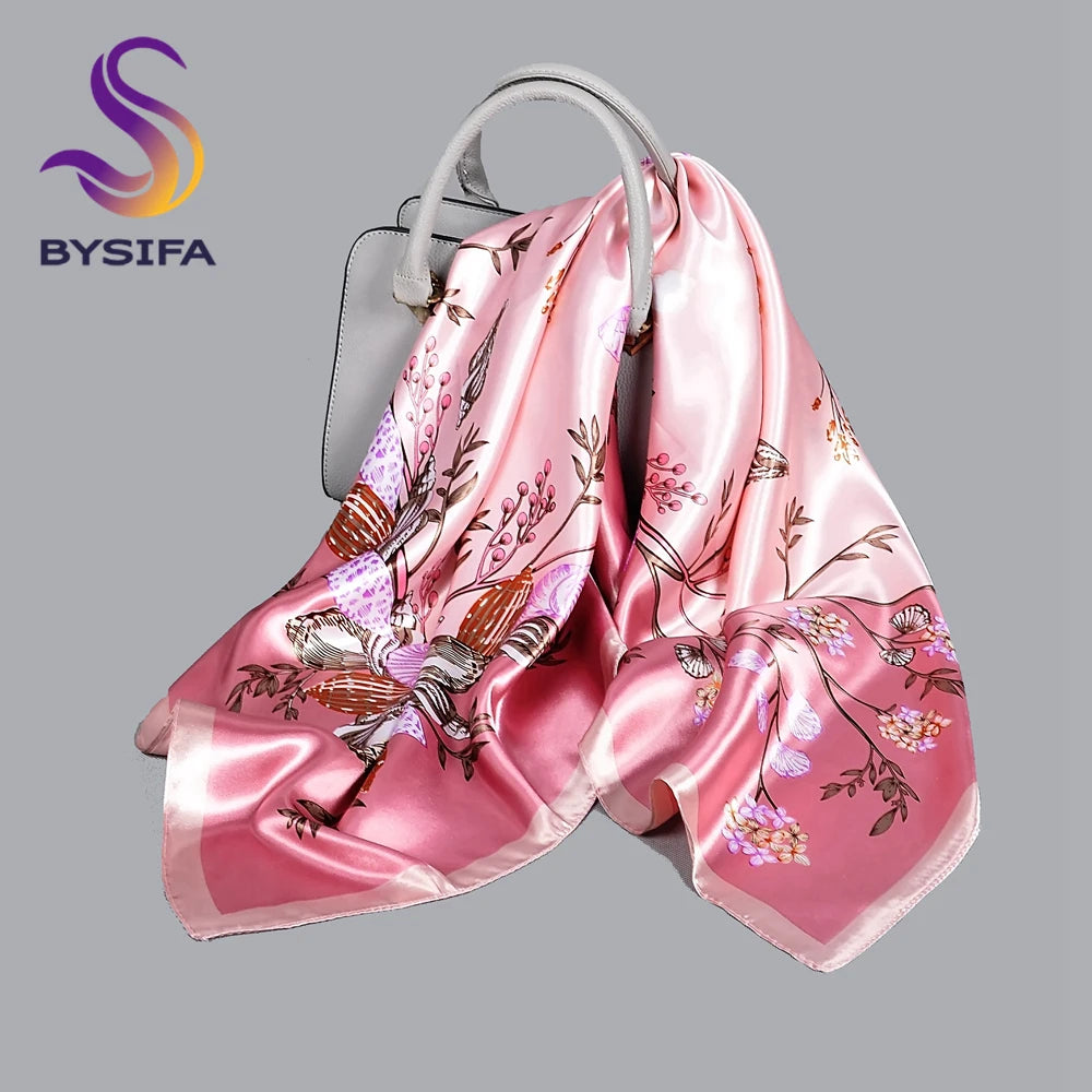 BYSIFA Fashionable Women’s Floral Print Satin Square Scarf – Stylish and Multifunctional for All Seasons