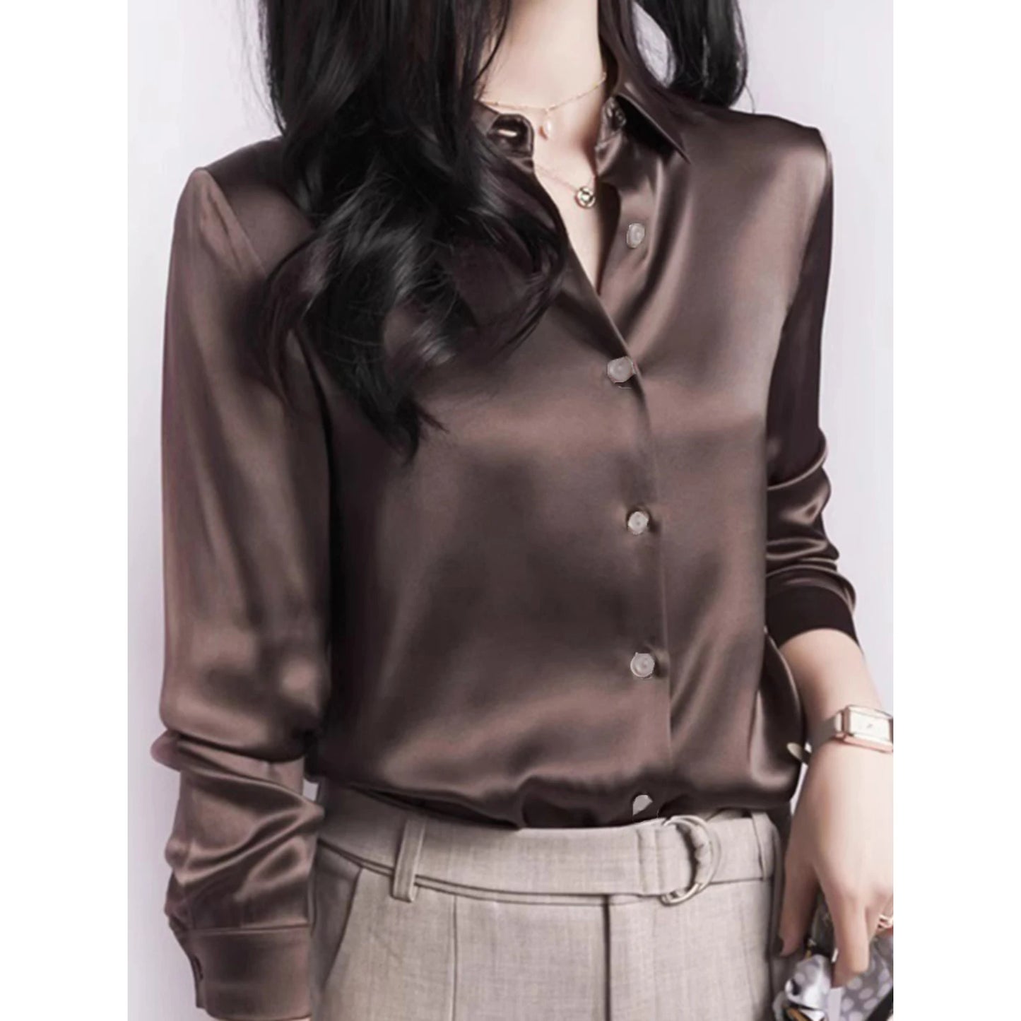 SUYISODA Women's Casual Satin Shirt - Office Lady Style with Button Decoration & Turn-down Collar
