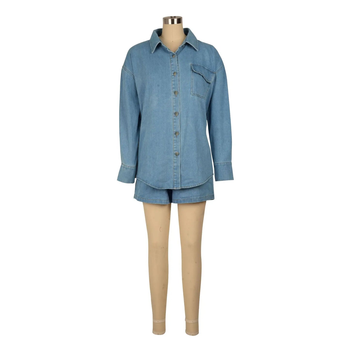 DUTRIEUX Safari Style Slim Fit Denim Shorts Set for Women - Turn-Down Collar, Full Sleeve, Mercerised Denim