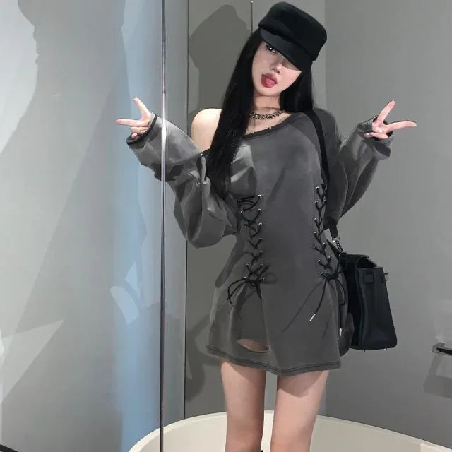 NoEnName_Null Y2K Style A-Line Mini Dress with Diagonal Collar and Bandage Detail - Autumn/Winter Fashion for Women