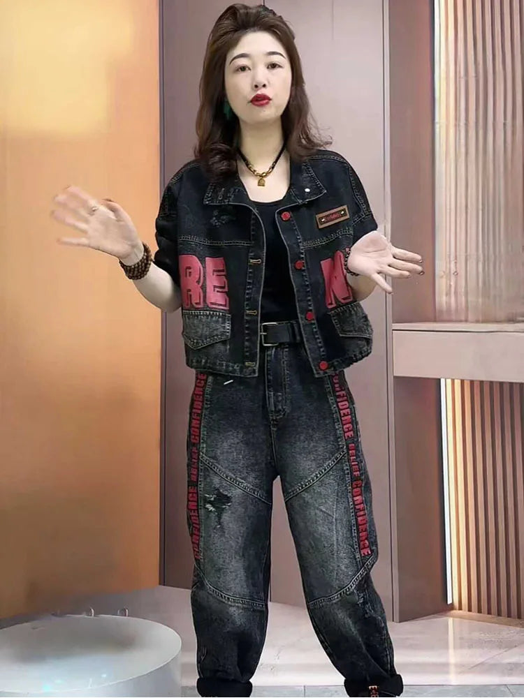 2024 Spring Autumn New Fashion Cool Personality Distressed Print Denim Set Women Loose Long Sleeved Jacket + Jeans