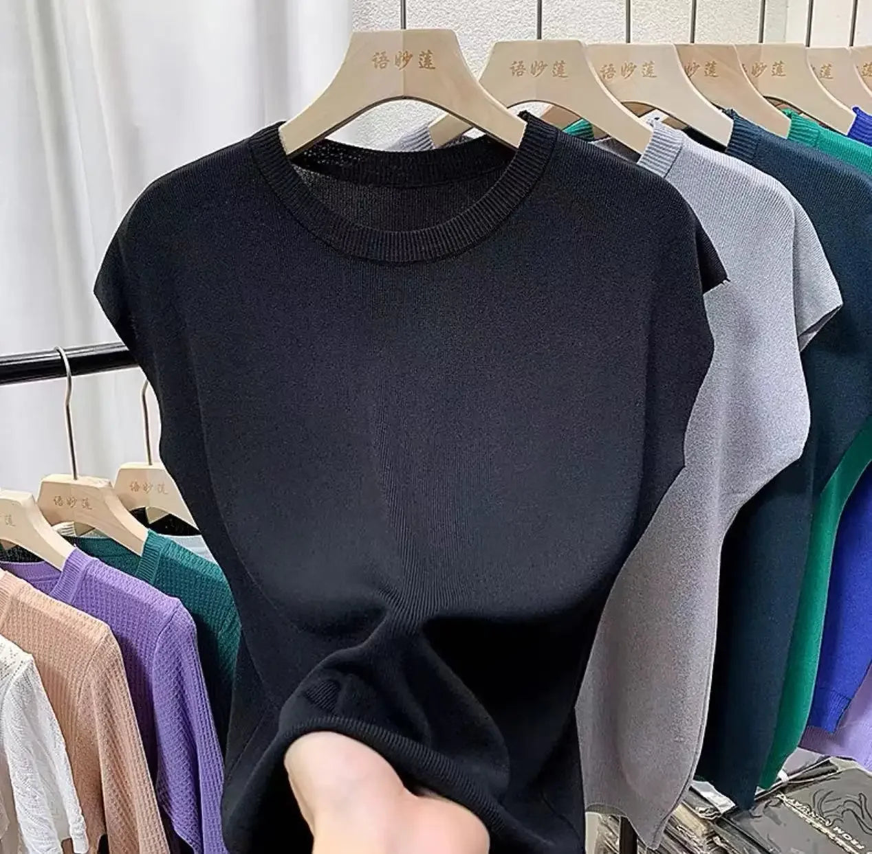 Women's T-Shirts 2024 Summer Ice Silk Knitted Tees Casual Solid Tops Purple Blue Fashion O Neck Short Sleeved Blouse for Women