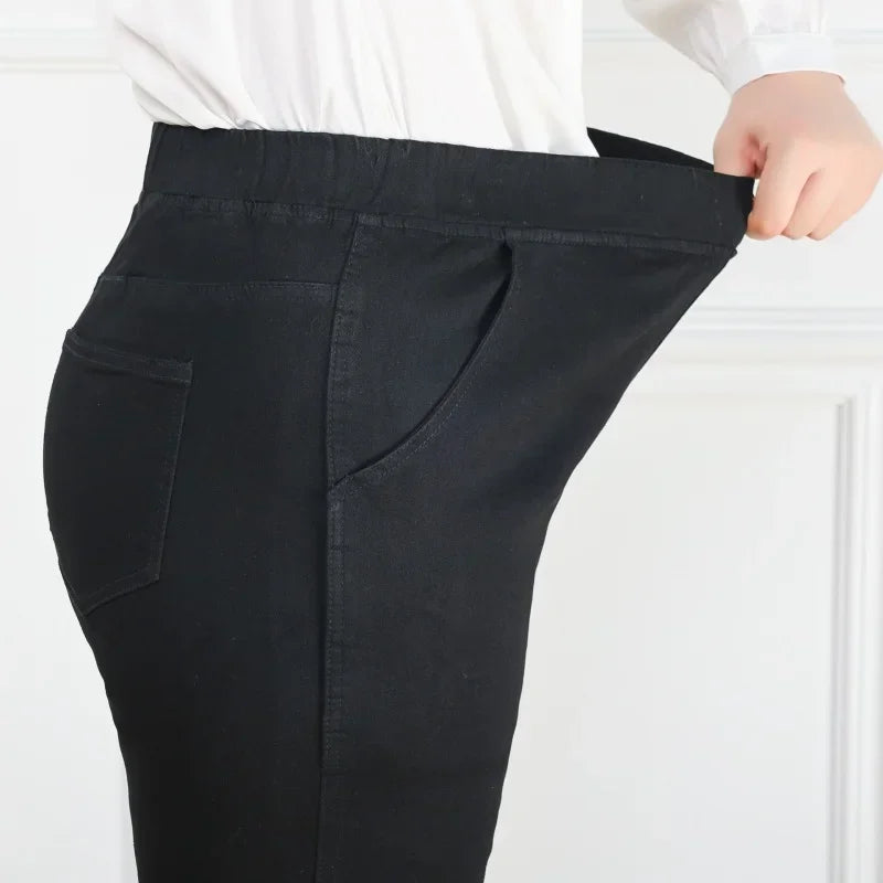 NoEnName_Null Women's High-Waist Cotton Elastic Denim Straight-Leg Jeans with Pockets – Autumn/Winter