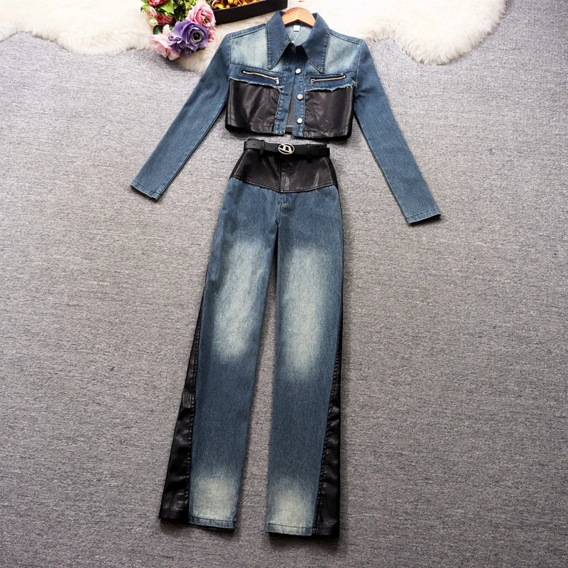 Amolapha Women’s Casual Denim Patchwork Set - High Waist, Wide Leg Pants with Turn-Down Collar (Spring/Summer 2023)