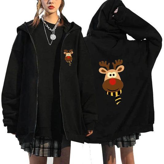 Women's Fleece Zip-Up Hoodie Sweatshirt - Sporty Style, Loose Fit, Autumn/Winter