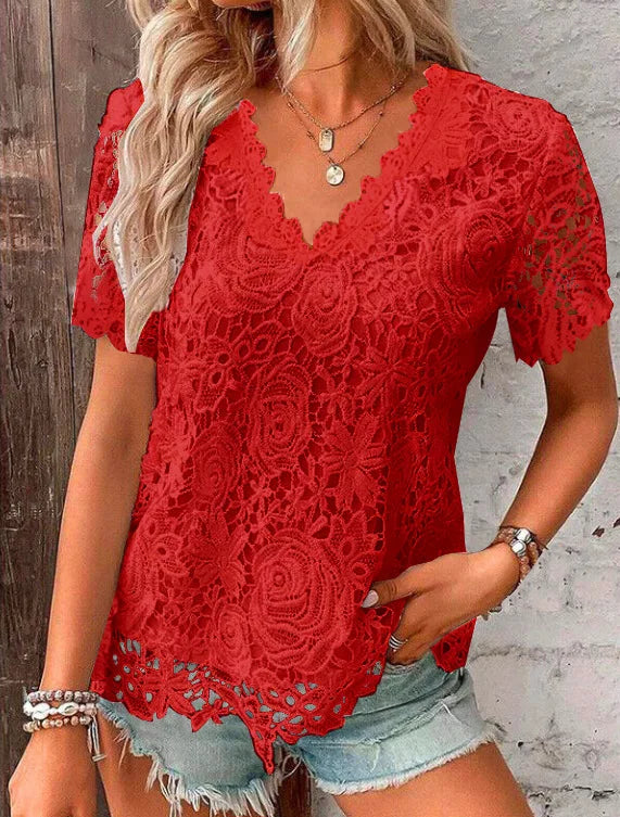 Women's Lace-Decorated Casual Tee – Spring/Summer Regular Fit Top by NoEnName_Null