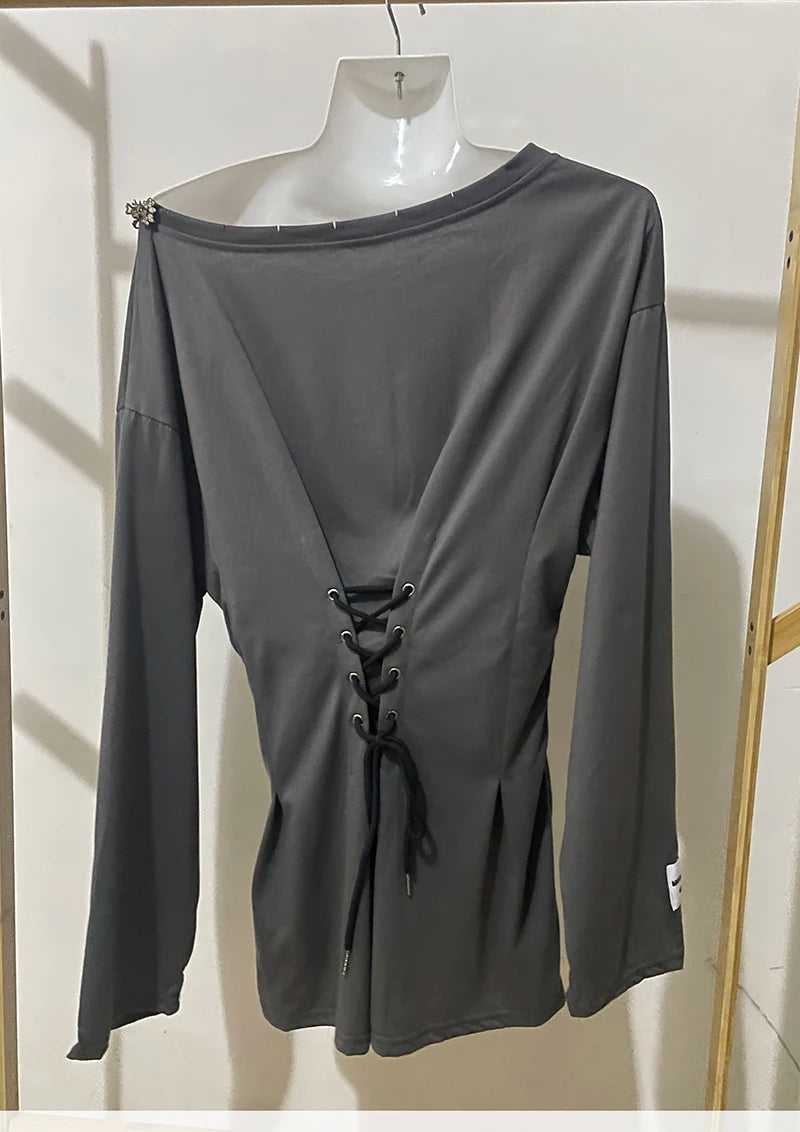 NoEnName_Null Y2K Style A-Line Mini Dress with Diagonal Collar and Bandage Detail - Autumn/Winter Fashion for Women