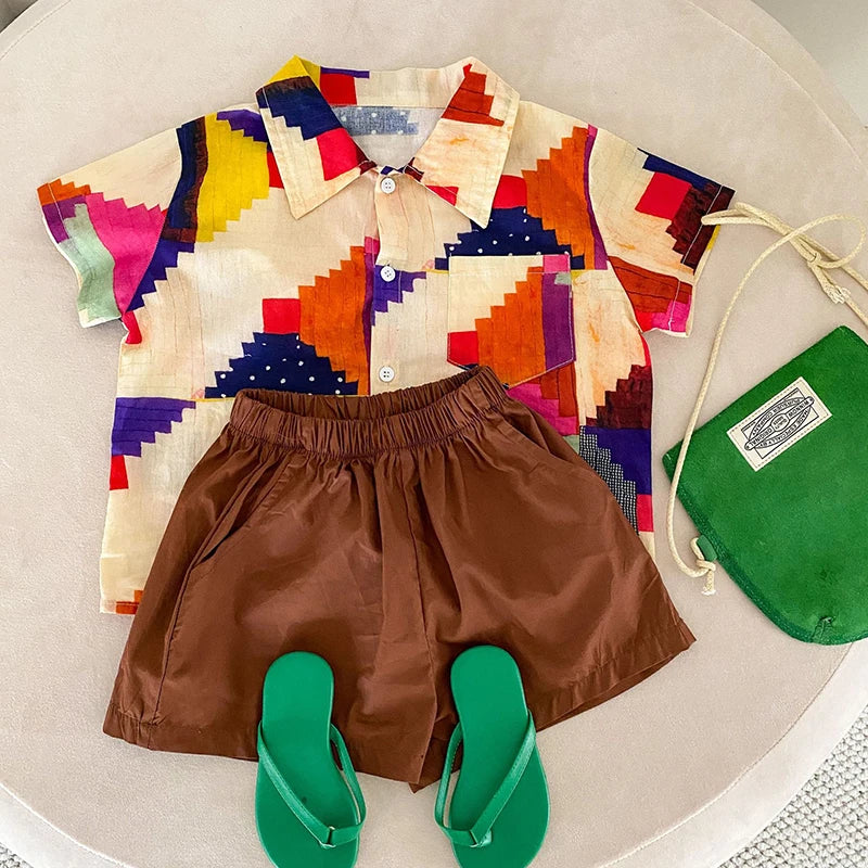 MILANCEL Summer Cotton Clothing Set for Kids (Ages 4-6Y) – Unisex Vacation Outfit with Printed Shirt and Shorts