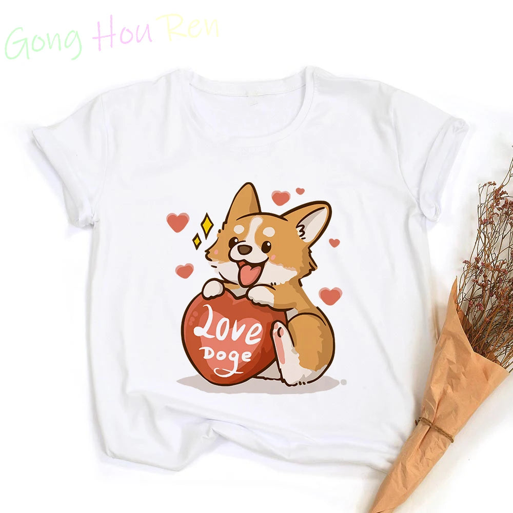Gong Hou Ren Women’s Corgi Cartoon Graphic T-Shirt – Summer 2024 Collection