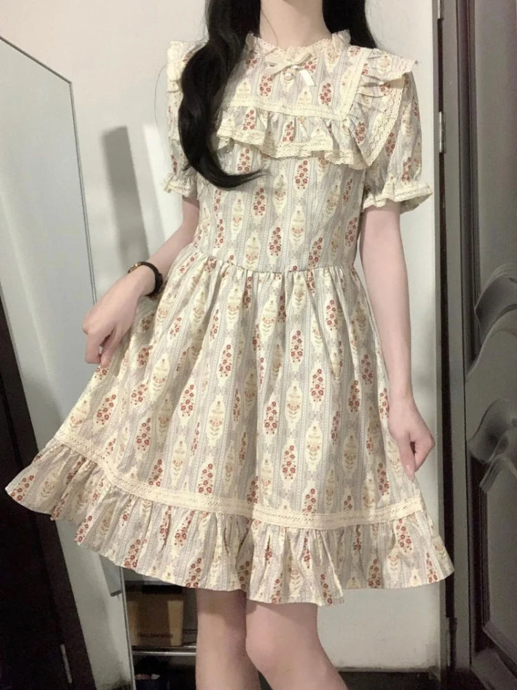 NQYW Women's Knee-Length Print Dress with Bow Neckline - Preppy Style Summer Gown