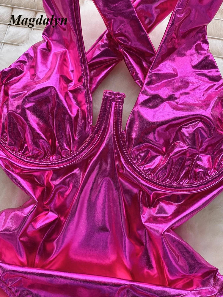 Magdalyn Women’s Sexy High-Waist Skinny Bodysuit a Solid Coated Cloth Romper for All Seasons