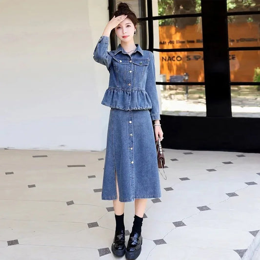 huapang-lsl Women's Office Lady A-Line Denim Dress – Knee-Length with Turn-Down Collar