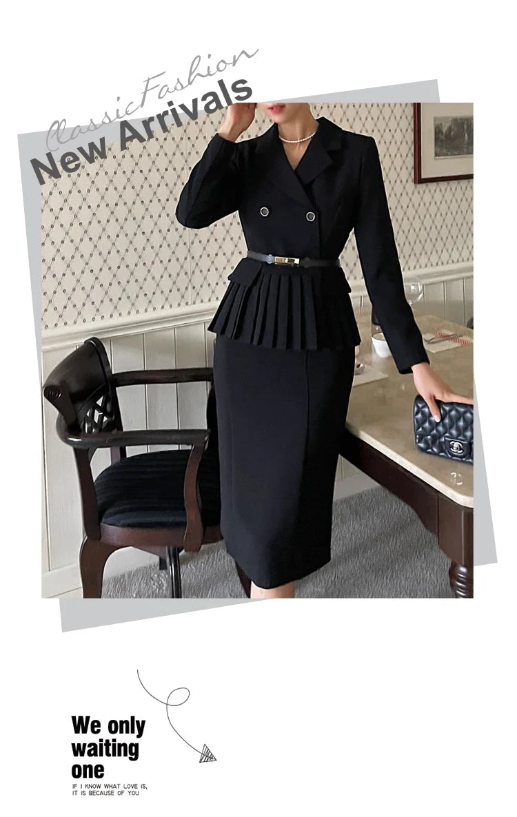 Autumn Spring Office Ladies Two Piece Set Double-Breasted White Ruffles Belt Blazer Tops + Split Pencil Skirt Suit