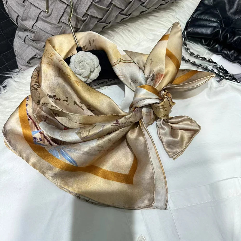 BYSIFA 100% Mulberry Silk Magnolia Print Scarf for Women – Fashionable and Versatile Silk Accessory