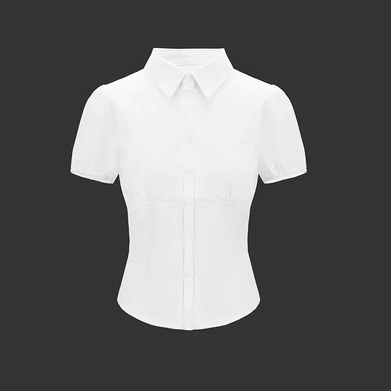 VYTB Women's Slim Fit Button-Up Tee – Turn-Down Collar, Short Sleeve, Summer Club Style