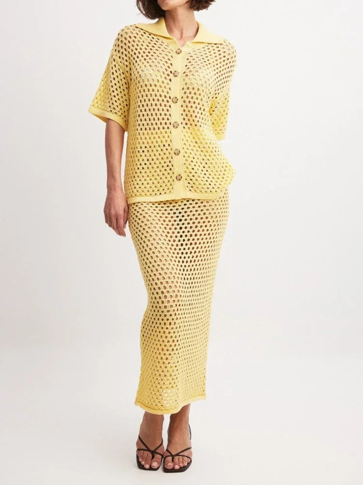 Sellysea Women’s Casual Two-Piece Skirt Set – Hollow Out Button-Up Blouse with Long Skirt | Spring/Summer 2025 Collection