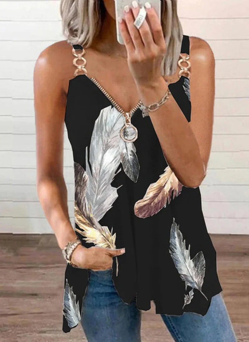 2023 Summer Women T-Shirts new Fashion Casual Blouse Chain Cold Shoulder Sleeveless T-Shirt Sexy V-Neck Feather Print Tops