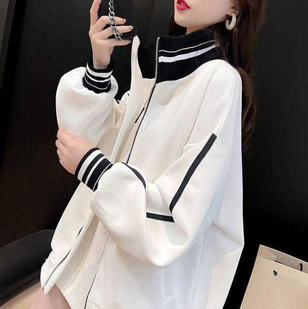Stylish Striped Zip-Up Sweatshirt for Women - Cozy & Versatile Autumn/Winter Office Wear