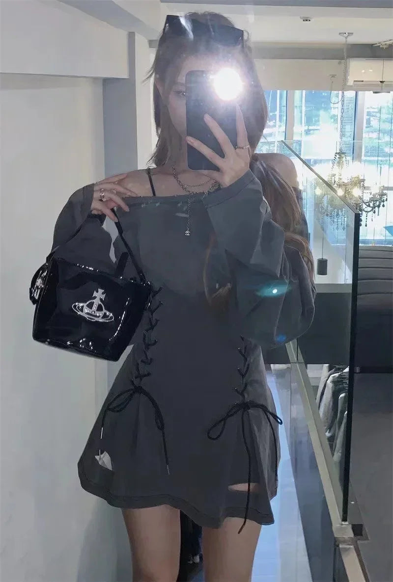 NoEnName_Null Y2K Style A-Line Mini Dress with Diagonal Collar and Bandage Detail - Autumn/Winter Fashion for Women