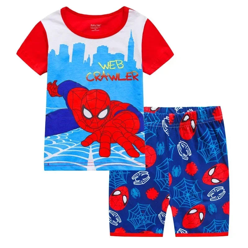 MINISO Kids Cartoon Pajama Sets – Short Sleeve Summer Outfits for Boys & Girls (Spiderman, Iron Man, Mickey, Elsa & More)