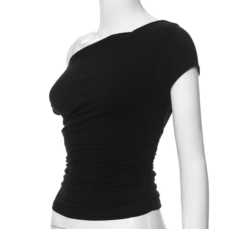 Vamos Todos Y2K Asymmetrical Skew Collar Slim Fit Tee for Women – Streetwear Summer Top