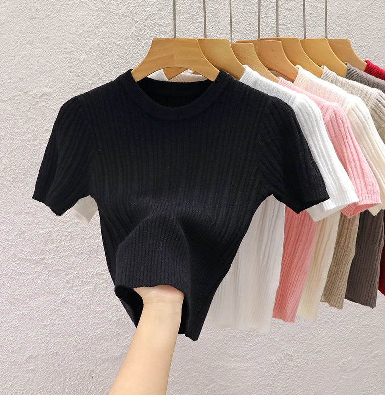 2025 Summer T shirts for Women Casual Korean Knit Streetwear Basic Solid Young Cool Tops