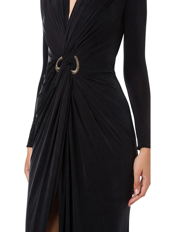 UOOZEE Women’s V-Neck Ankle-Length Sheath Dress with Folds – Slim Fit, X-Shape, Empire Waist, Zipper Closure
