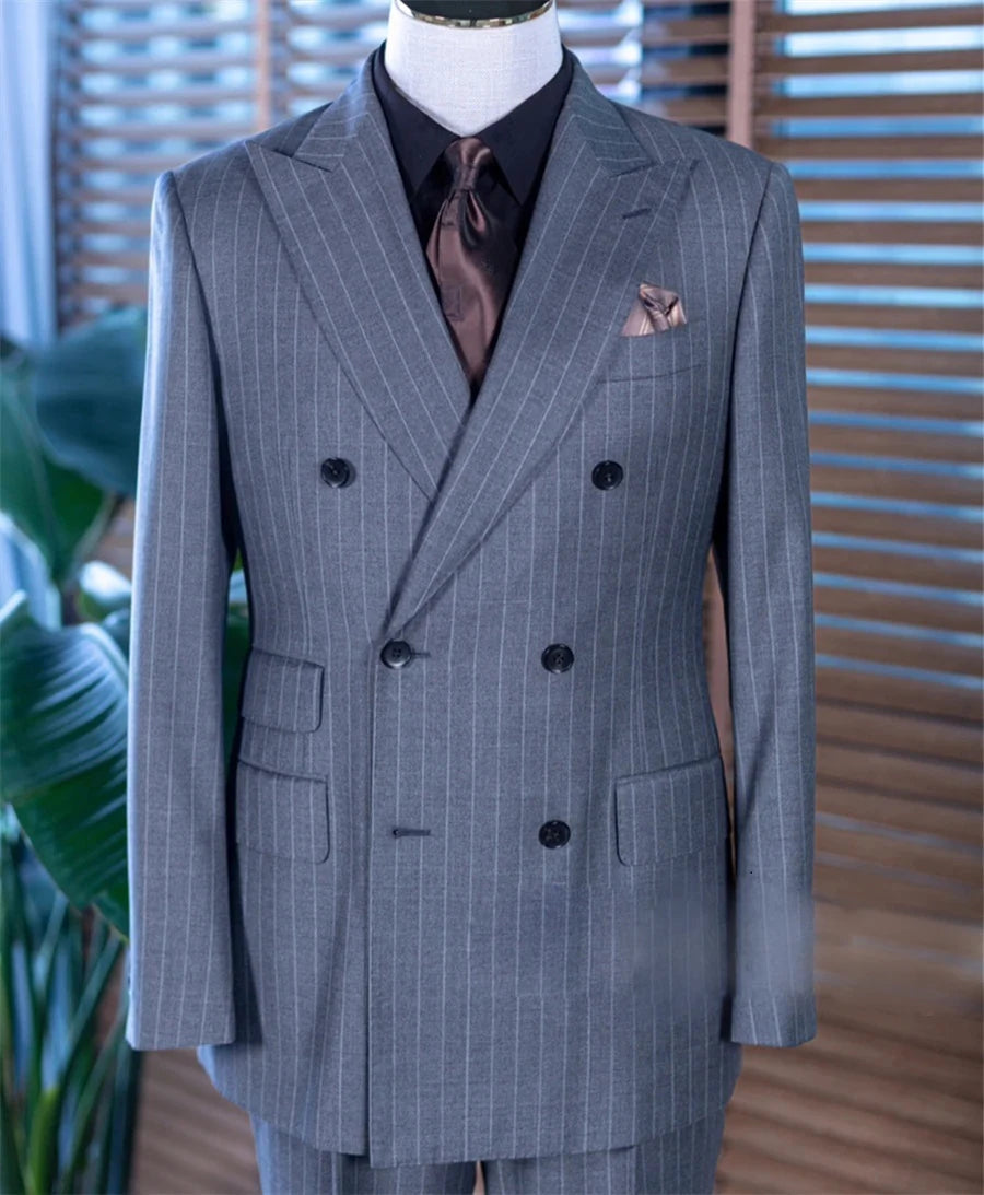 NoEnName_Null Men's Smart Casual Double-Breasted Suit – Cotton & Polyester Blend for All Seasons