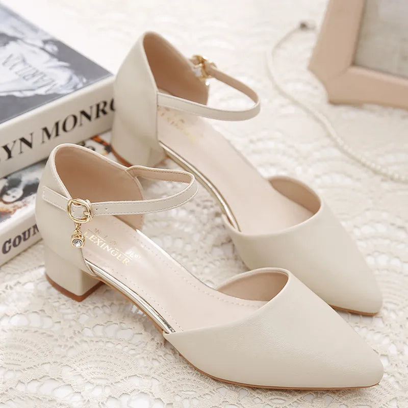 YZZJALK Women's Pointed Toe Pumps with Square Heel & Buckle Strap - Office Lady Style