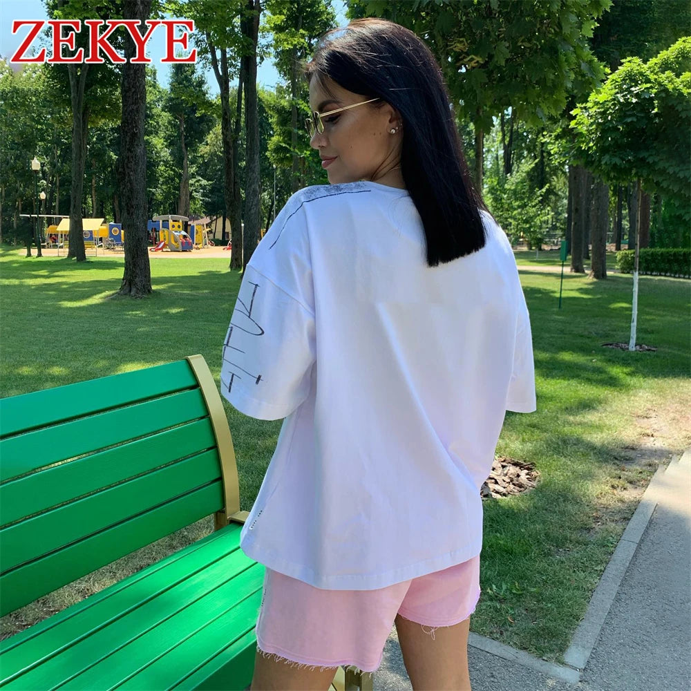 Zekye Casual Letter Print T-Shirt for Women – Slight Stretch, O-Neck, All-Season Comfort