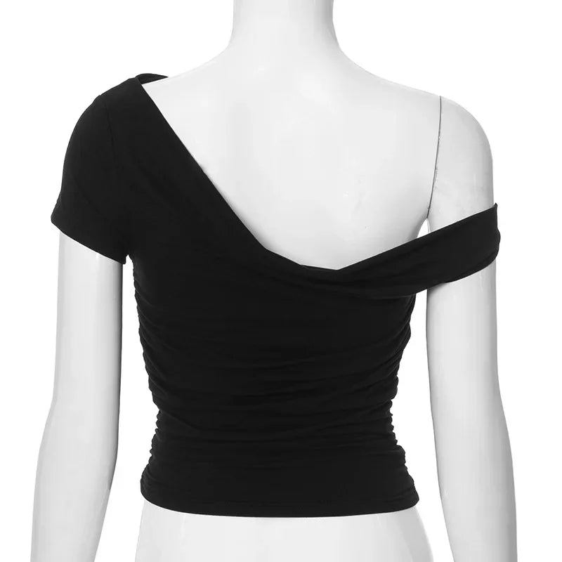 Vamos Todos Y2K Asymmetrical Skew Collar Slim Fit Tee for Women – Streetwear Summer Top
