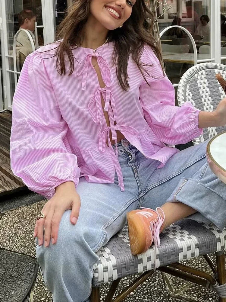 ASDS Women's Vintage Ruffled O-Neck Loose Fit Long Casual Shirt – Puff Sleeve, Single Breasted, Polyester Broadcloth