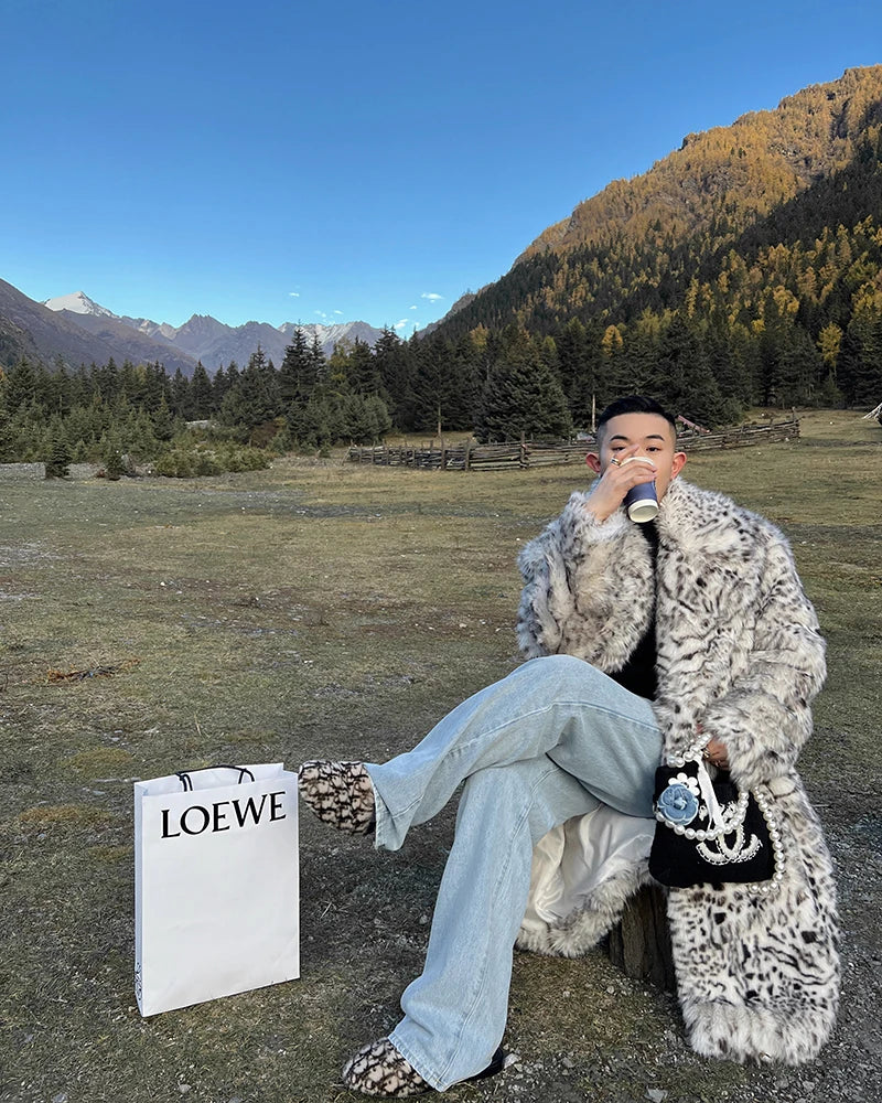 Mauroicardi Men’s Casual Leopard Faux Fur Winter Coat - Single-Breasted, Long-Length with Pockets