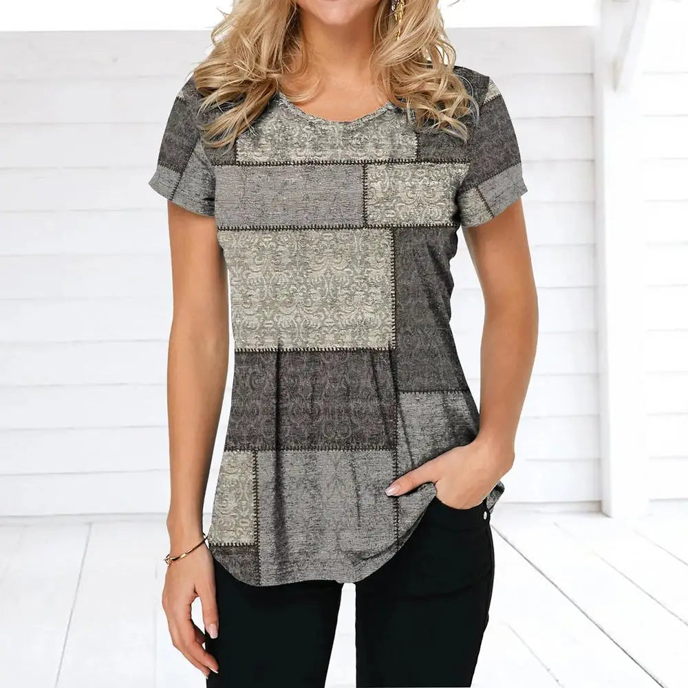 NoEnName_Null Women’s 3D Print Patchwork T-Shirt – Casual American Retro O-Neck Short Sleeve Top