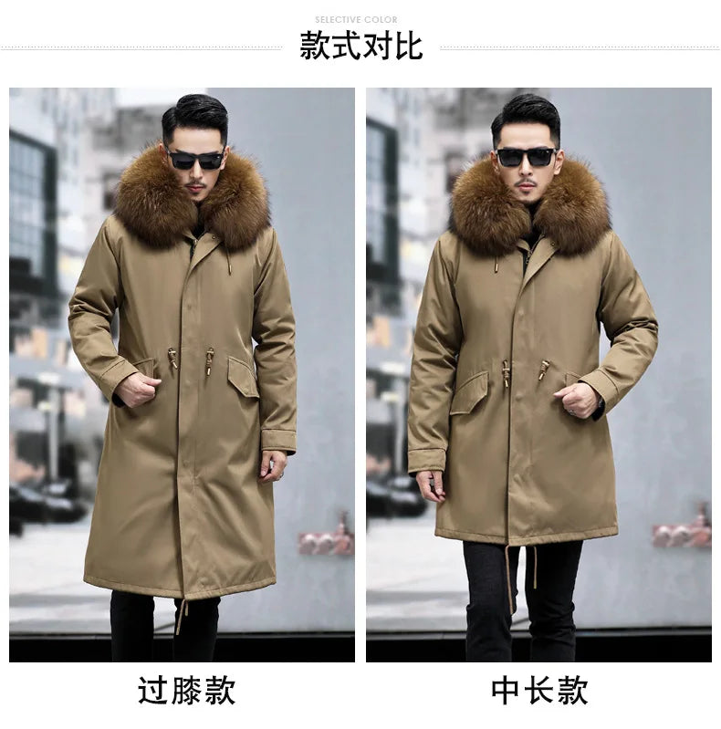 FURTJY Men's High Street Winter Coat – Real Fox Fur Lining, Raccoon Fur Collar, Zipper Closure, Casual Slim Fit